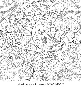 Tracery seamless pattern. Mehndi design. Ethnic monochrome binary doodle texture. Curved doodling black and white background. Vector