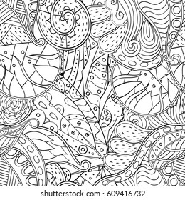 Tracery seamless pattern. Mehndi design. Ethnic monochrome binary doodle texture. Curved doodling black and white background. Vector
