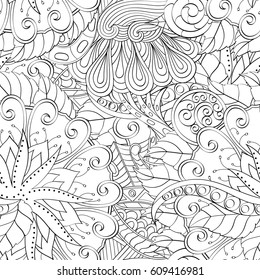 Tracery seamless pattern. Mehndi design. Ethnic monochrome binary doodle texture. Curved doodling black and white background. Vector