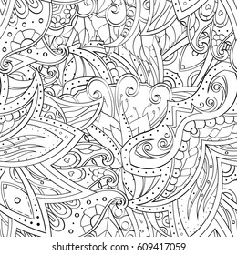 Tracery seamless pattern. Mehndi design. Ethnic monochrome binary doodle texture. Curved doodling black and white background. Vector