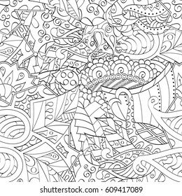 Tracery seamless pattern. Mehndi design. Ethnic monochrome binary doodle texture. Curved doodling black and white background. Vector