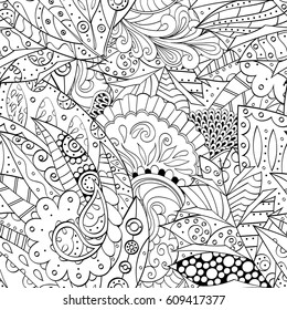 Tracery seamless pattern. Mehndi design. Ethnic monochrome binary doodle texture. Curved doodling black and white background. Vector