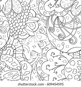 Tracery seamless pattern. Mehndi design. Ethnic monochrome binary doodle texture. Curved doodling black and white background. Vector