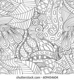 Tracery seamless pattern. Mehndi design. Ethnic monochrome binary doodle texture. Curved doodling black and white background. Vector