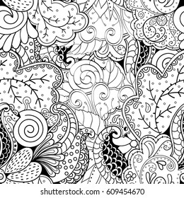 Tracery seamless pattern. Mehndi design. Ethnic monochrome binary doodle texture. Curved doodling black and white background. Vector