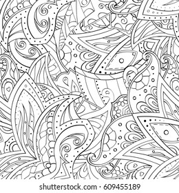 Tracery seamless pattern. Mehndi design. Ethnic monochrome binary doodle texture. Curved doodling black and white background. Vector