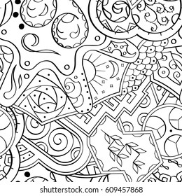 Tracery seamless pattern. Mehndi design. Ethnic monochrome binary doodle texture. Curved doodling black and white background. Vector