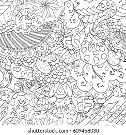 Tracery seamless pattern. Mehndi design. Ethnic monochrome binary doodle texture. Curved doodling black and white background. Vector