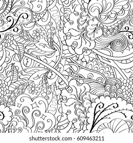 Tracery seamless pattern. Mehndi design. Ethnic monochrome binary doodle texture. Curved doodling black and white background. Vector