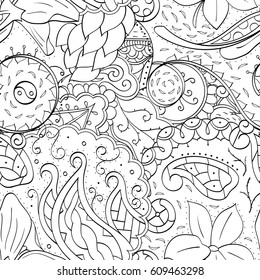 Tracery seamless pattern. Mehndi design. Ethnic monochrome binary doodle texture. Curved doodling black and white background. Vector