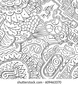 Tracery seamless pattern. Mehndi design. Ethnic monochrome binary doodle texture. Curved doodling black and white background. Vector