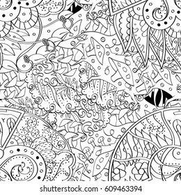 Tracery seamless pattern. Mehndi design. Ethnic monochrome binary doodle texture. Curved doodling black and white background. Vector