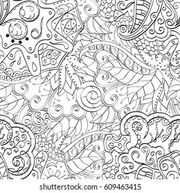 Tracery seamless pattern. Mehndi design. Ethnic monochrome binary doodle texture. Curved doodling black and white background. Vector