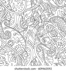 Tracery seamless pattern. Mehndi design. Ethnic monochrome binary doodle texture. Curved doodling black and white background. Vector