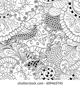 Tracery seamless pattern. Mehndi design. Ethnic monochrome binary doodle texture. Curved doodling black and white background. Vector