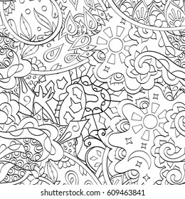 Tracery seamless pattern. Mehndi design. Ethnic monochrome binary doodle texture. Curved doodling black and white background. Vector