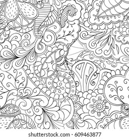 Tracery seamless pattern. Mehndi design. Ethnic monochrome binary doodle texture. Curved doodling black and white background. Vector