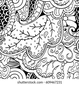 Tracery seamless pattern. Mehndi design. Ethnic monochrome binary doodle texture. Curved doodling black and white background. Vector