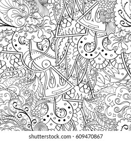 Tracery seamless pattern. Mehndi design. Ethnic monochrome binary doodle texture. Curved doodling black and white background. Vector