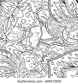Tracery seamless pattern. Mehndi design. Ethnic monochrome binary doodle texture. Curved doodling black and white background. Vector