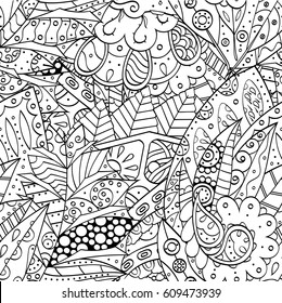 Tracery seamless pattern. Mehndi design. Ethnic monochrome binary doodle texture. Curved doodling black and white background. Vector