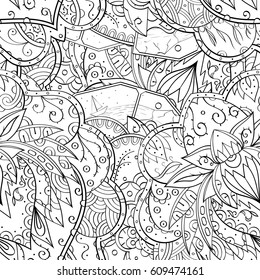 Tracery seamless pattern. Mehndi design. Ethnic monochrome binary doodle texture. Curved doodling black and white background. Vector