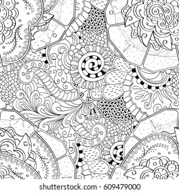 Tracery seamless pattern. Mehndi design. Ethnic monochrome binary doodle texture. Curved doodling black and white background. Vector