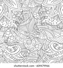 Tracery seamless pattern. Mehndi design. Ethnic monochrome binary doodle texture. Curved doodling black and white background. Vector