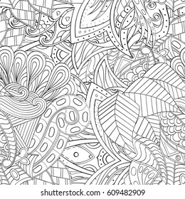 Tracery seamless pattern. Mehndi design. Ethnic monochrome binary doodle texture. Curved doodling black and white background. Vector