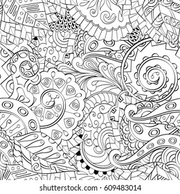 Tracery seamless pattern. Mehndi design. Ethnic monochrome binary doodle texture. Curved doodling black and white background. Vector