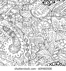 Tracery seamless pattern. Mehndi design. Ethnic monochrome binary doodle texture. Curved doodling black and white background. Vector