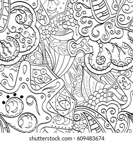 Tracery seamless pattern. Mehndi design. Ethnic monochrome binary doodle texture. Curved doodling black and white background. Vector