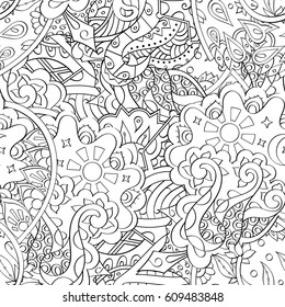 Tracery seamless pattern. Mehndi design. Ethnic monochrome binary doodle texture. Curved doodling black and white background. Vector