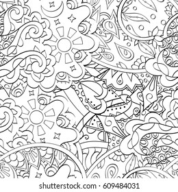 Tracery seamless pattern. Mehndi design. Ethnic monochrome binary doodle texture. Curved doodling black and white background. Vector