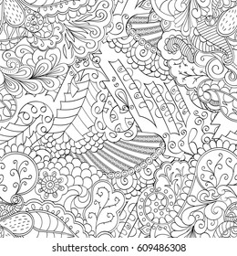 Tracery seamless pattern. Mehndi design. Ethnic monochrome binary doodle texture. Curved doodling black and white background. Vector