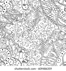 Tracery seamless pattern. Mehndi design. Ethnic monochrome binary doodle texture. Curved doodling black and white background. Vector