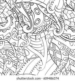 Tracery seamless pattern. Mehndi design. Ethnic monochrome binary doodle texture. Curved doodling black and white background. Vector
