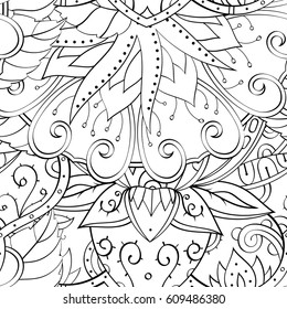 Tracery seamless pattern. Mehndi design. Ethnic monochrome binary doodle texture. Curved doodling black and white background. Vector