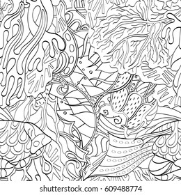 Tracery seamless pattern. Mehndi design. Ethnic monochrome binary doodle texture. Curved doodling black and white background. Vector