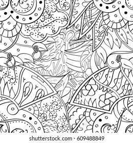 Tracery seamless pattern. Mehndi design. Ethnic monochrome binary doodle texture. Curved doodling black and white background. Vector