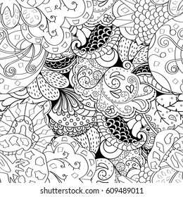 Tracery seamless pattern. Mehndi design. Ethnic monochrome binary doodle texture. Curved doodling black and white background. Vector