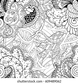 Tracery seamless pattern. Mehndi design. Ethnic monochrome binary doodle texture. Curved doodling black and white background. Vector