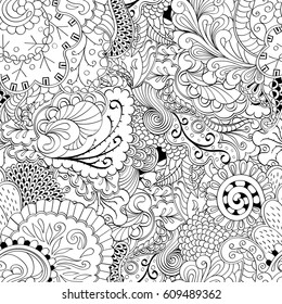 Tracery seamless pattern. Mehndi design. Ethnic monochrome binary doodle texture. Curved doodling black and white background. Vector