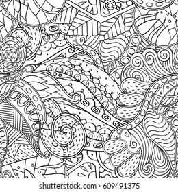 Tracery seamless pattern. Mehndi design. Ethnic monochrome binary doodle texture. Curved doodling black and white background. Vector