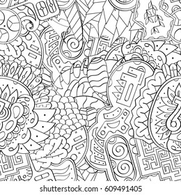 Tracery seamless pattern. Mehndi design. Ethnic monochrome binary doodle texture. Curved doodling black and white background. Vector