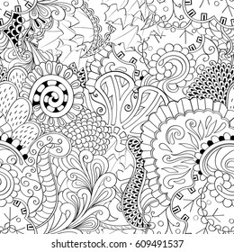 Tracery seamless pattern. Mehndi design. Ethnic monochrome binary doodle texture. Curved doodling black and white background. Vector