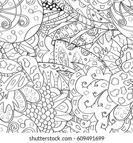 Tracery seamless pattern. Mehndi design. Ethnic monochrome binary doodle texture. Curved doodling black and white background. Vector