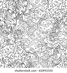 Tracery seamless pattern. Mehndi design. Ethnic monochrome binary doodle texture. Curved doodling black and white background. Vector