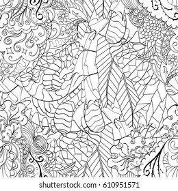 Tracery seamless pattern. Mehndi design. Ethnic monochrome binary doodle texture. Curved doodling black and white background. Vector
