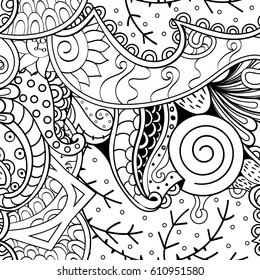 Tracery seamless pattern. Mehndi design. Ethnic monochrome binary doodle texture. Curved doodling black and white background. Vector